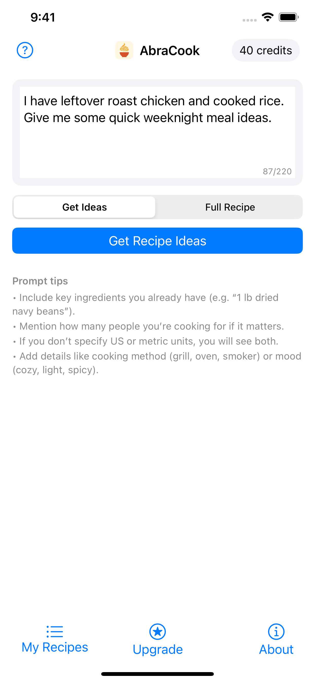 AbraCook main prompt screen